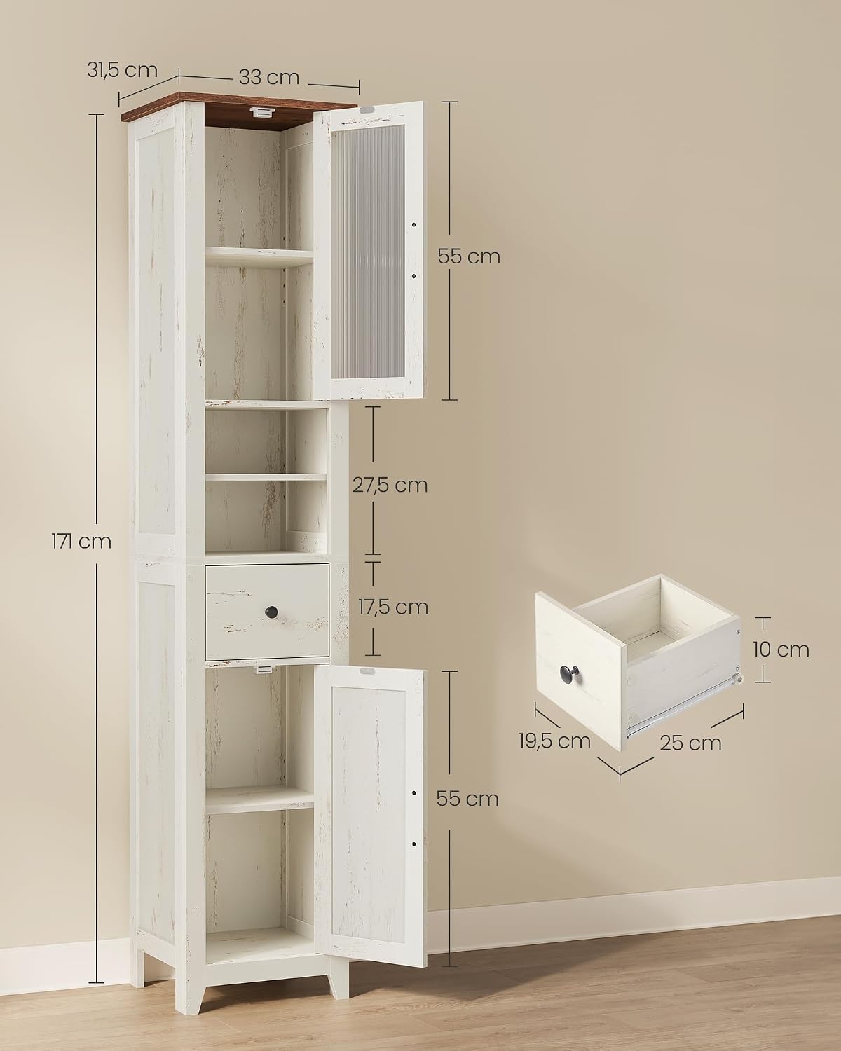 Detalle de VASAGLE LIRY BBK660W101 Tall Bathroom Cabinet, Reversible Doors, White and Honey Brown