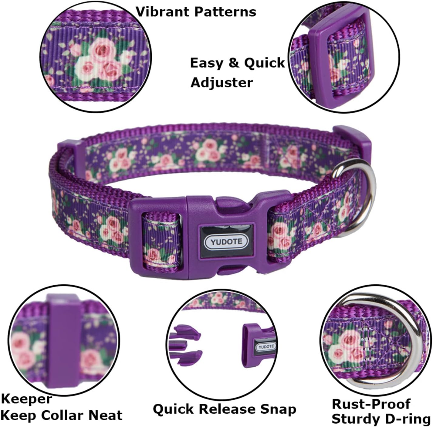 Thumbnail 4 de YUDOTE Floral Dog Collar Large (Purple) – printed flower pattern, neck 40–66cm