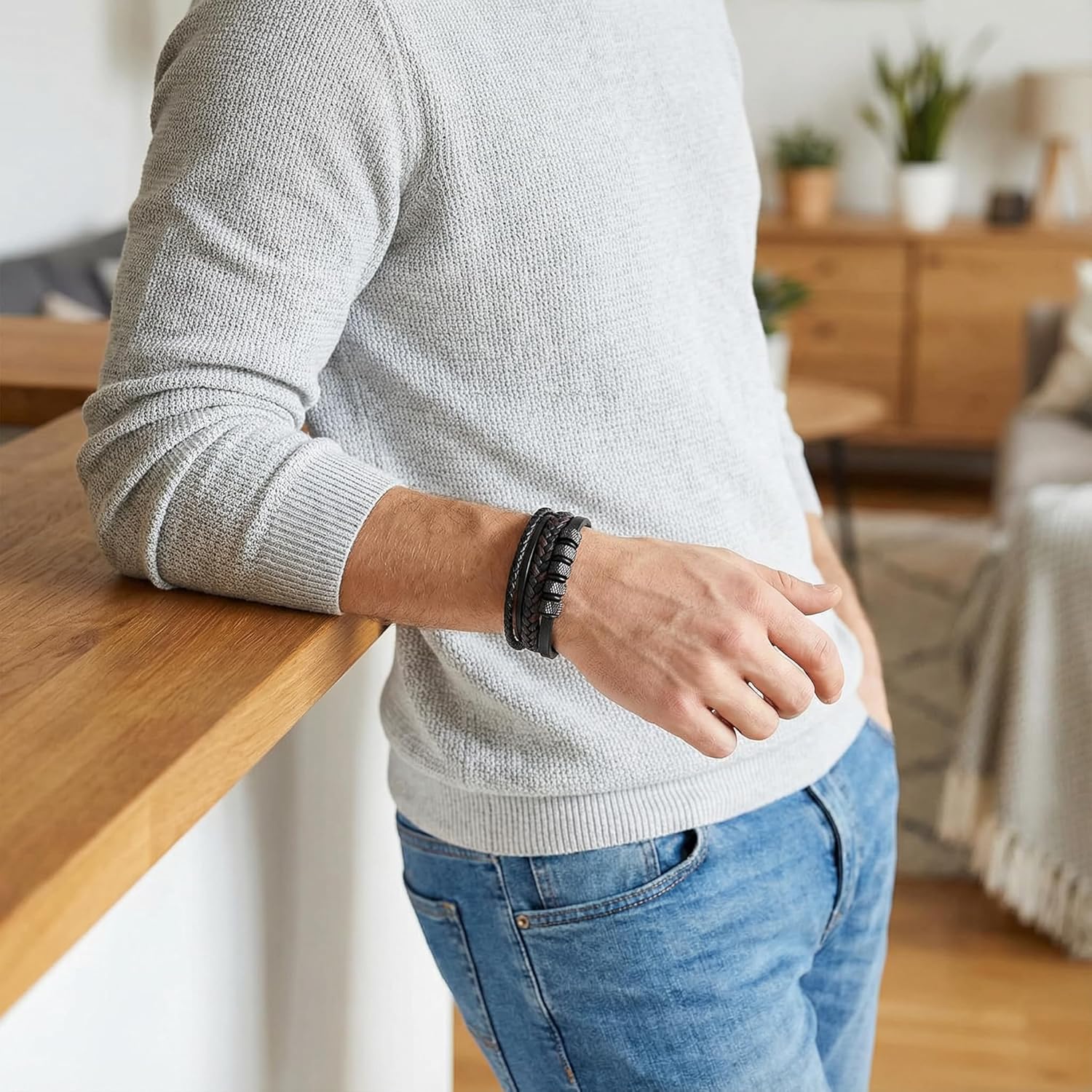 Thumbnail 3 de Gkmamrg Herren-Lederarmband mit Magnetverschluss aus echtem Kalbsleder – schwarz, geflochten