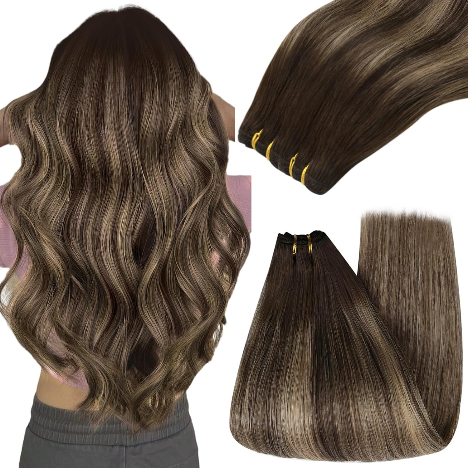 Detalle de YoungSee Balayage Sew-In Human Hair Weft Extensions (18 inch, 100g) - Dark Brown Mix Caramel Blonde