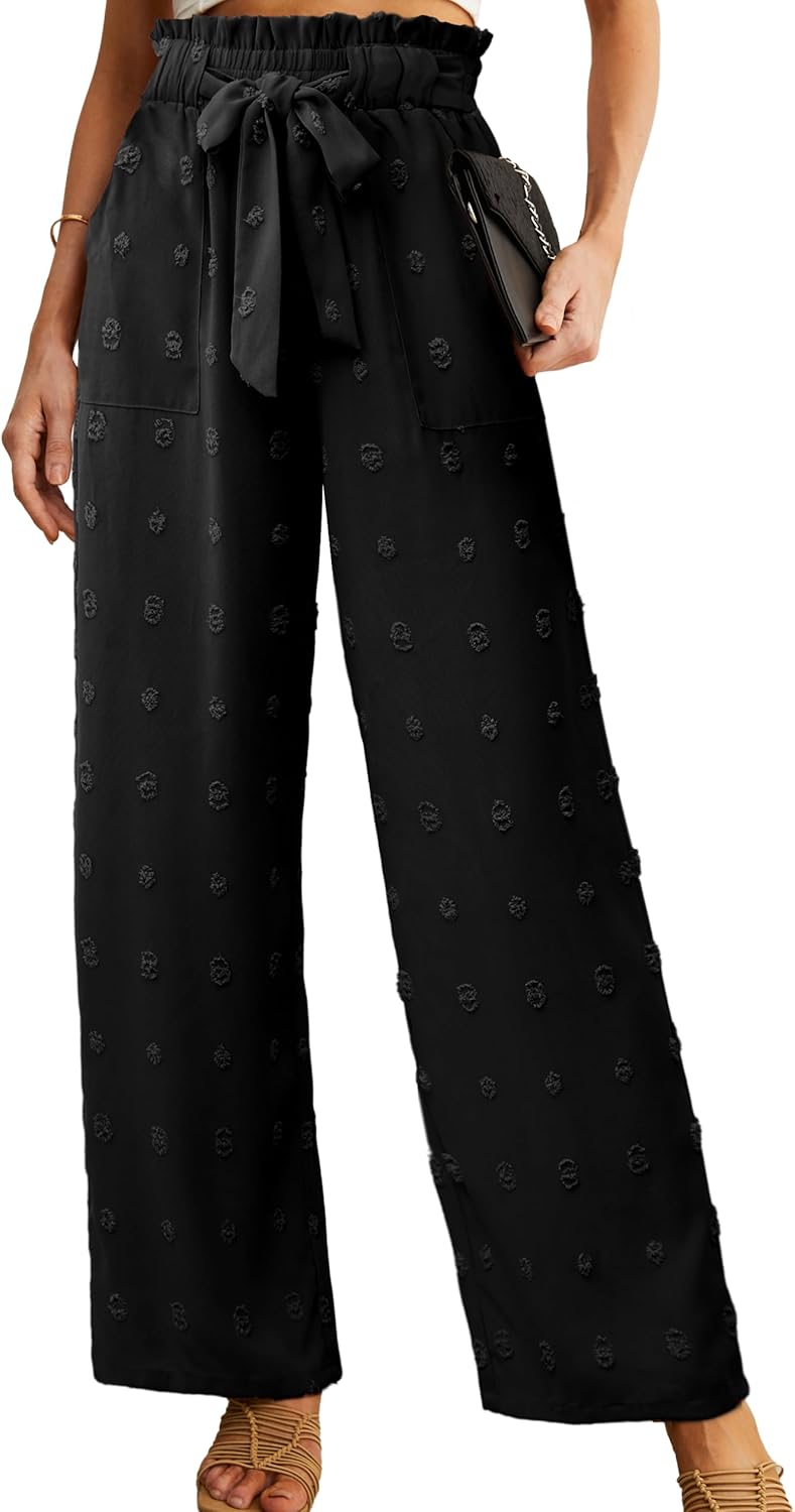 Detalle de IWOLLENCE Women's Wide Leg Pants with Pockets: High Waist Knot Tie & Loose Casual Style