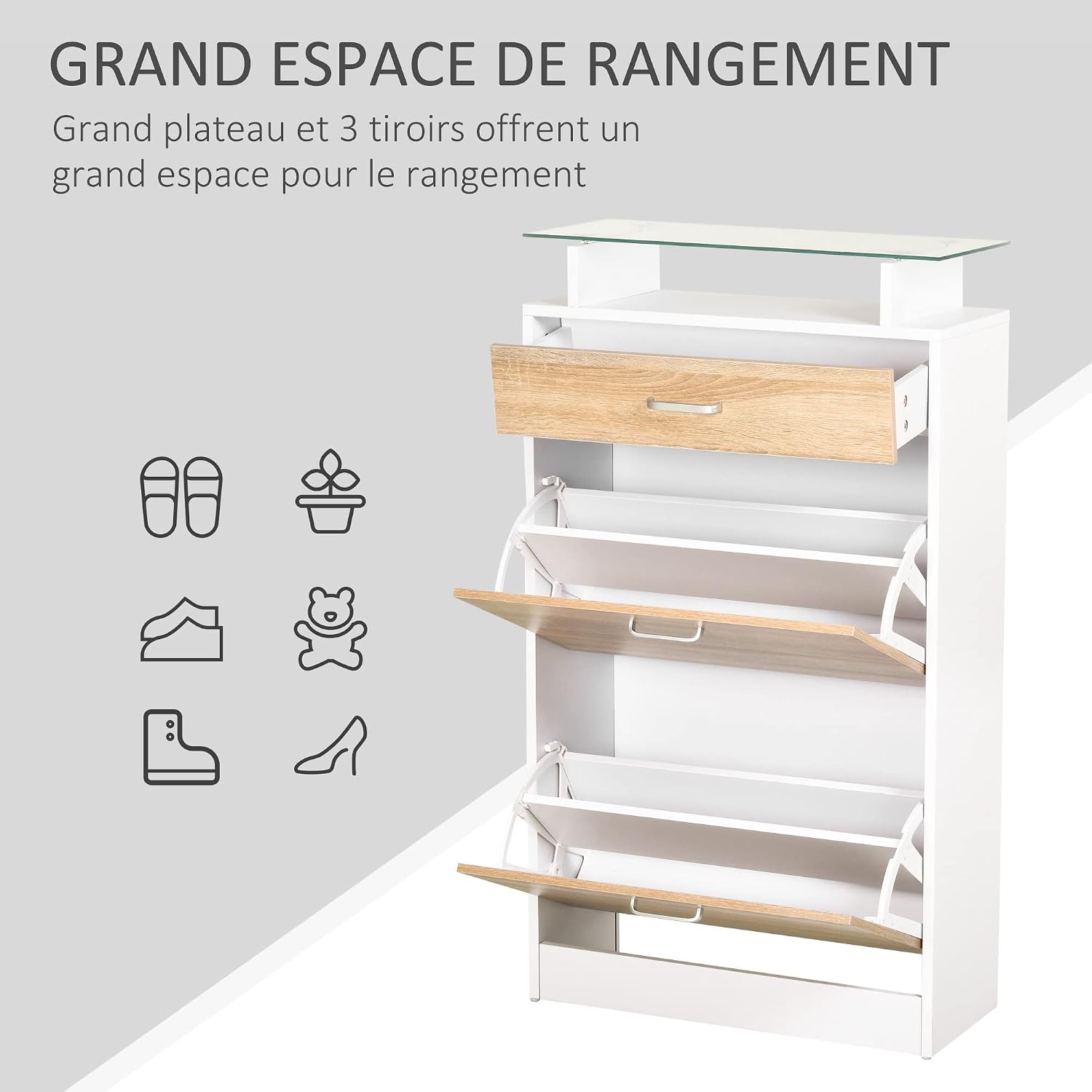 Thumbnail 3 de HOMCOM Armoire à Chaussures — Meuble de rangement 2 portes abatantes, 2 compartiments, tiroir et plateau en verre, bois chêne blanc