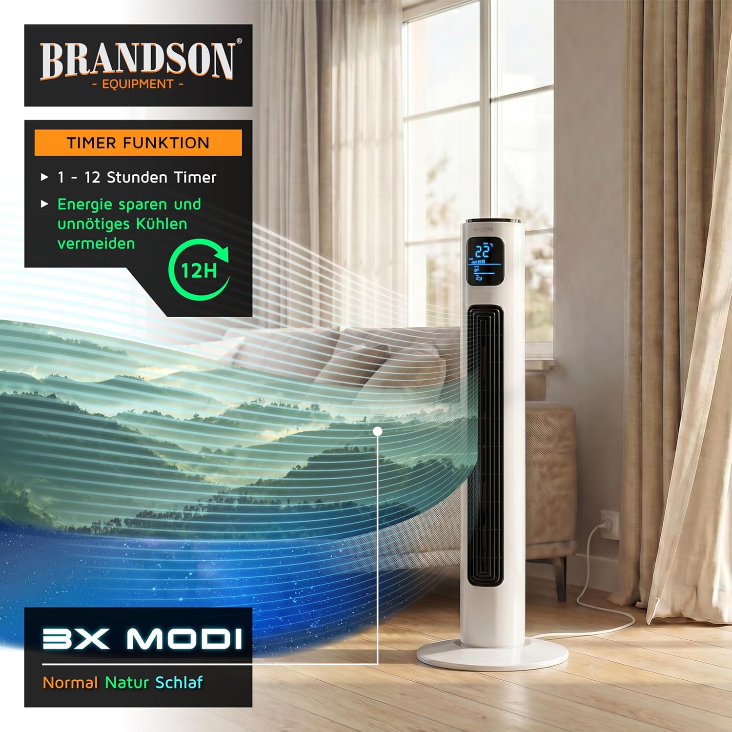Detalle de Brandson Turmventilator mit Fernbedienung (96 cm) – 45-W-Motor, Oszillation & Timer
