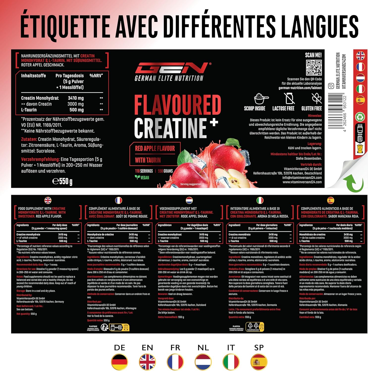 Thumbnail 5 de Flavoured Creatine poudre 550 g – créatine mono hydratée aromatisée avec Taurine, vegan, sans sucre et soluble
