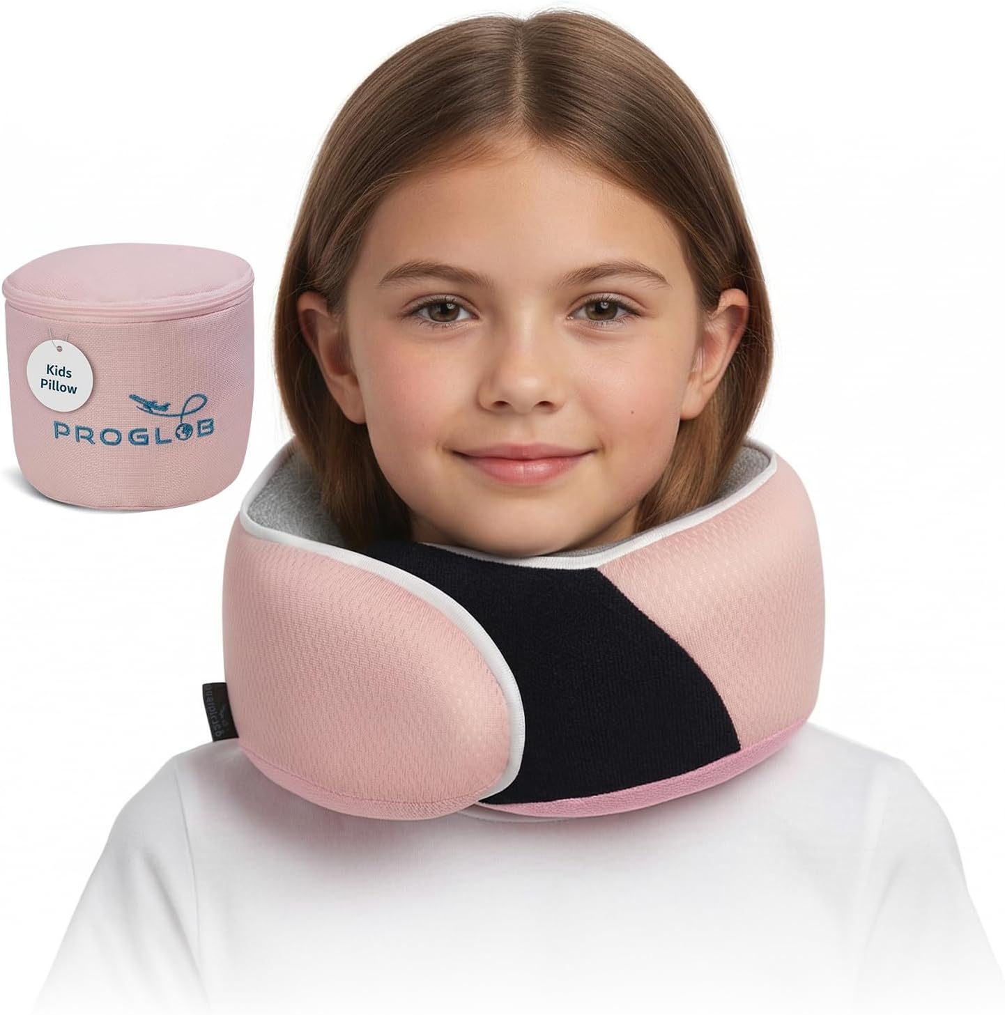 Proglobe cuscino cervicale da viaggio per bambini 4–13 anni, memory foam, rosa chiaro