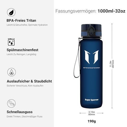 Detalle de Super Sparrow Trinkflasche Tritan 1000 ml – BPA-frei, robust, ideal für Sport & Outdoor