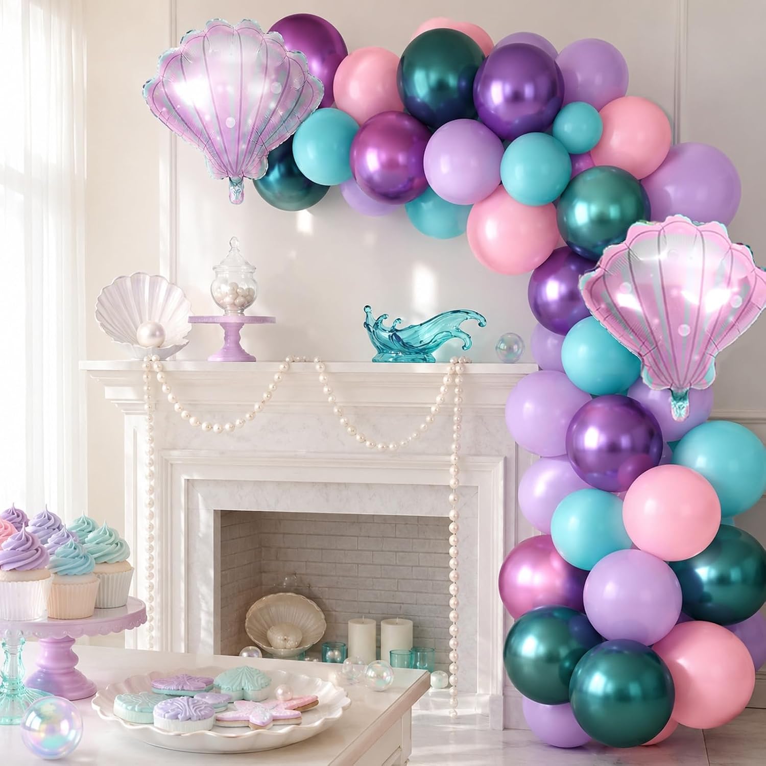 Detalle 2 de Mermaid Balloons Macaron Pink Purple Green Metallic Set with Seashell Foil Balloons for Ocean-Themed Girl Parties