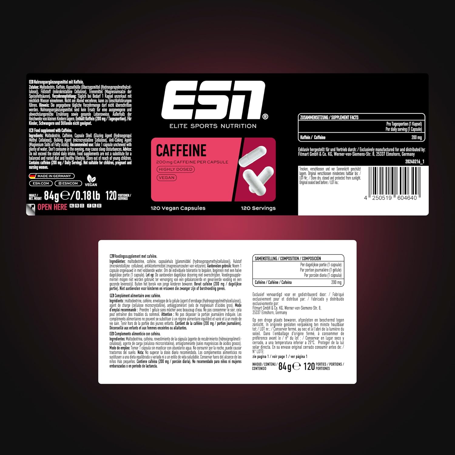 Detalle de ESN Caffeine Caps – 120 Koffein-Kapseln mit 200 mg pro Tagesportion (vegan, Made in Germany)