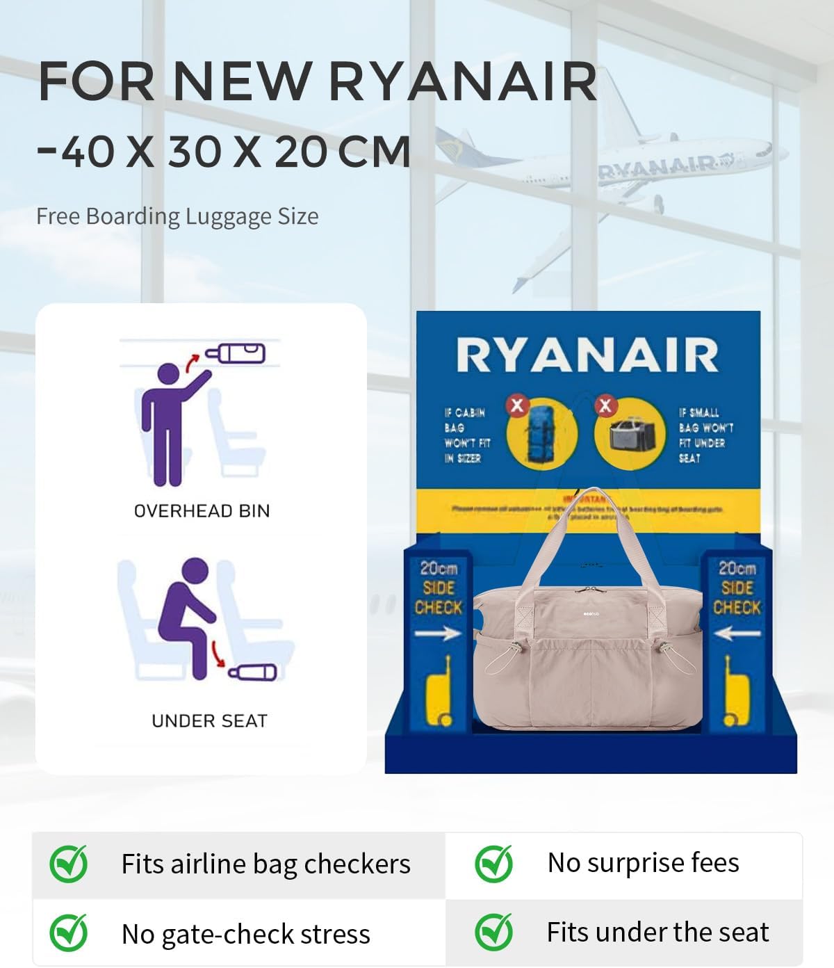 Detalle de ECOHUB 24L Underseat Carry On Bag for Ryanair – Recycled, Water-Resistant & Lightweight
