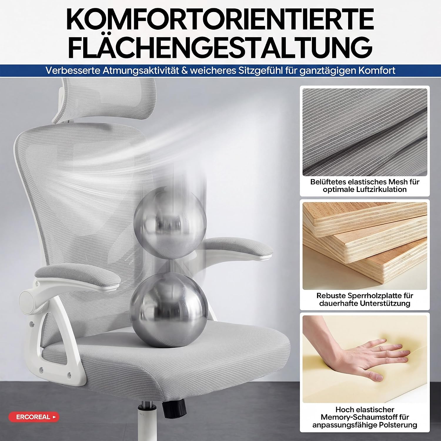Thumbnail 5 de Ergoreal Ergonomischer Mesh-Bürostuhl Home Office 25W03 – verstellbare Lendenstütze, 2D Kopfstütze, klappbare Armlehnen, leise PU-Rollen, Klasse-3-Gasfeder