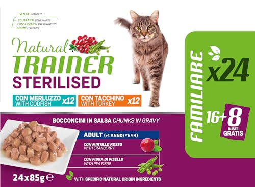 Detalle 2 de Natural Trainer Cibo Umido per Gatti Adulti Sterilizzati – Tacchino e Merluzzo, Multipack 24 x 85 g
