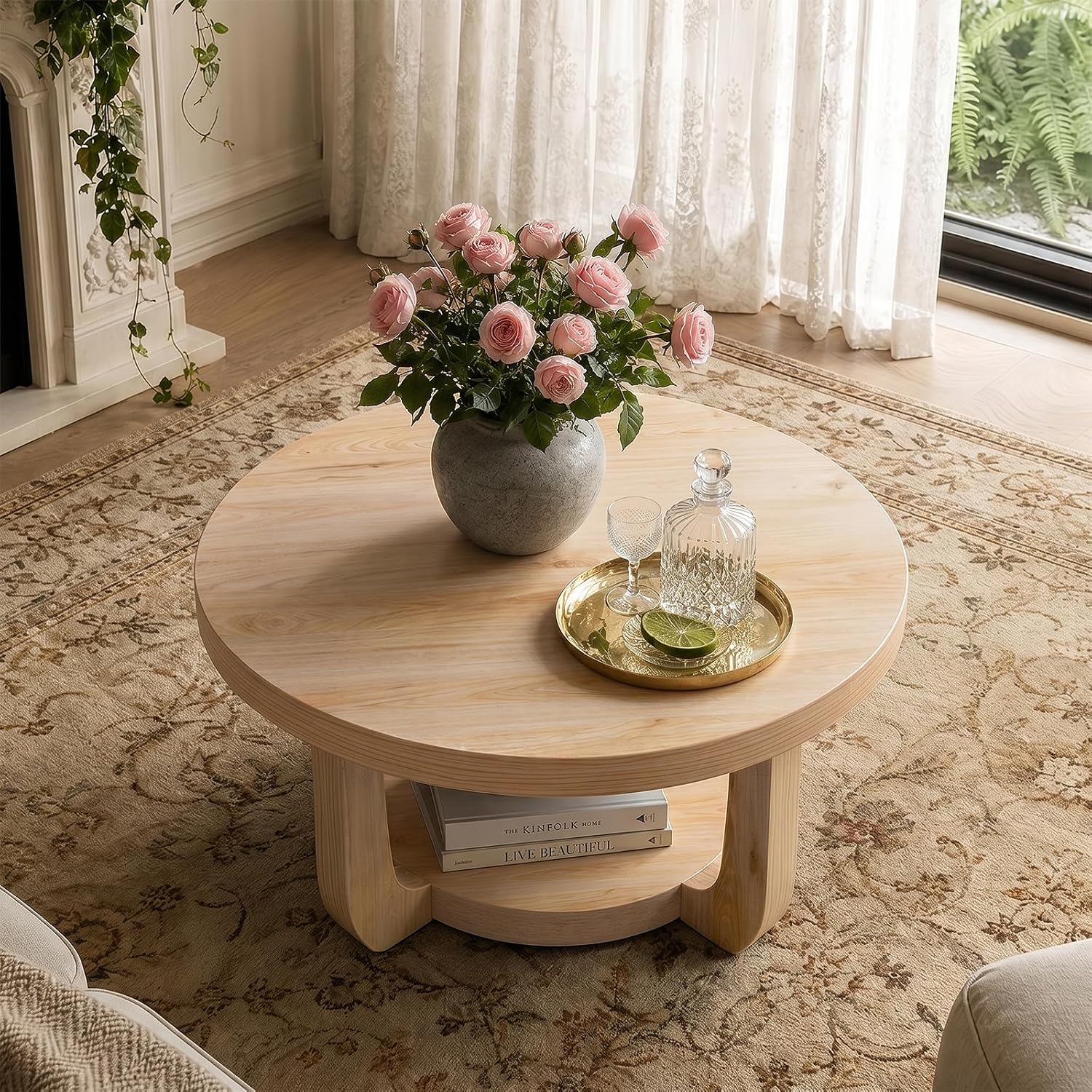 Detalle 1 de BEROXII Round Coffee Table, 2-Tier Storage, Nature Finish