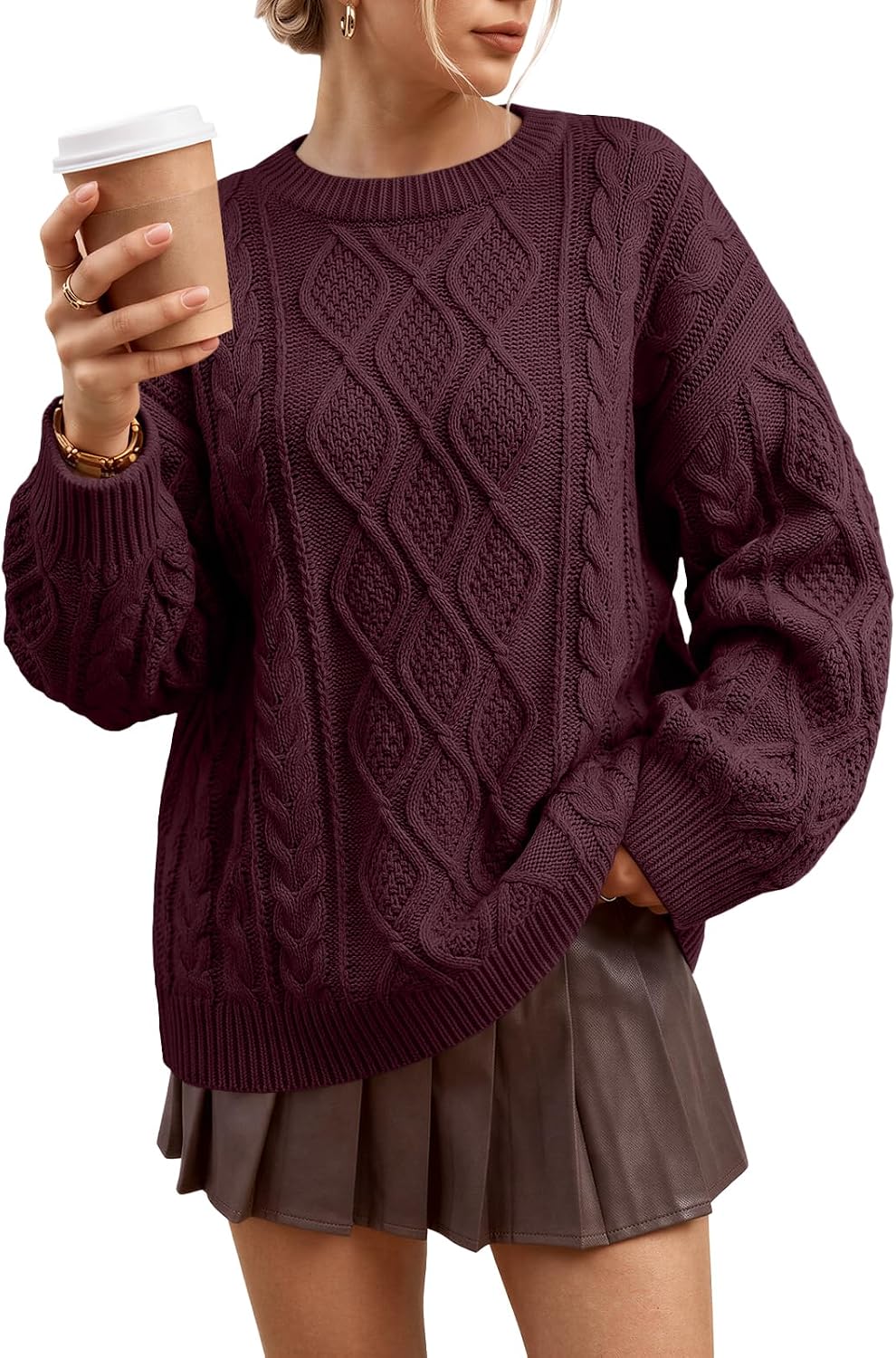 Detalle de Trendy Queen TRDOSSE1008 Oversized Cable-Knit Sweater, Cotton-Acrylic Blend