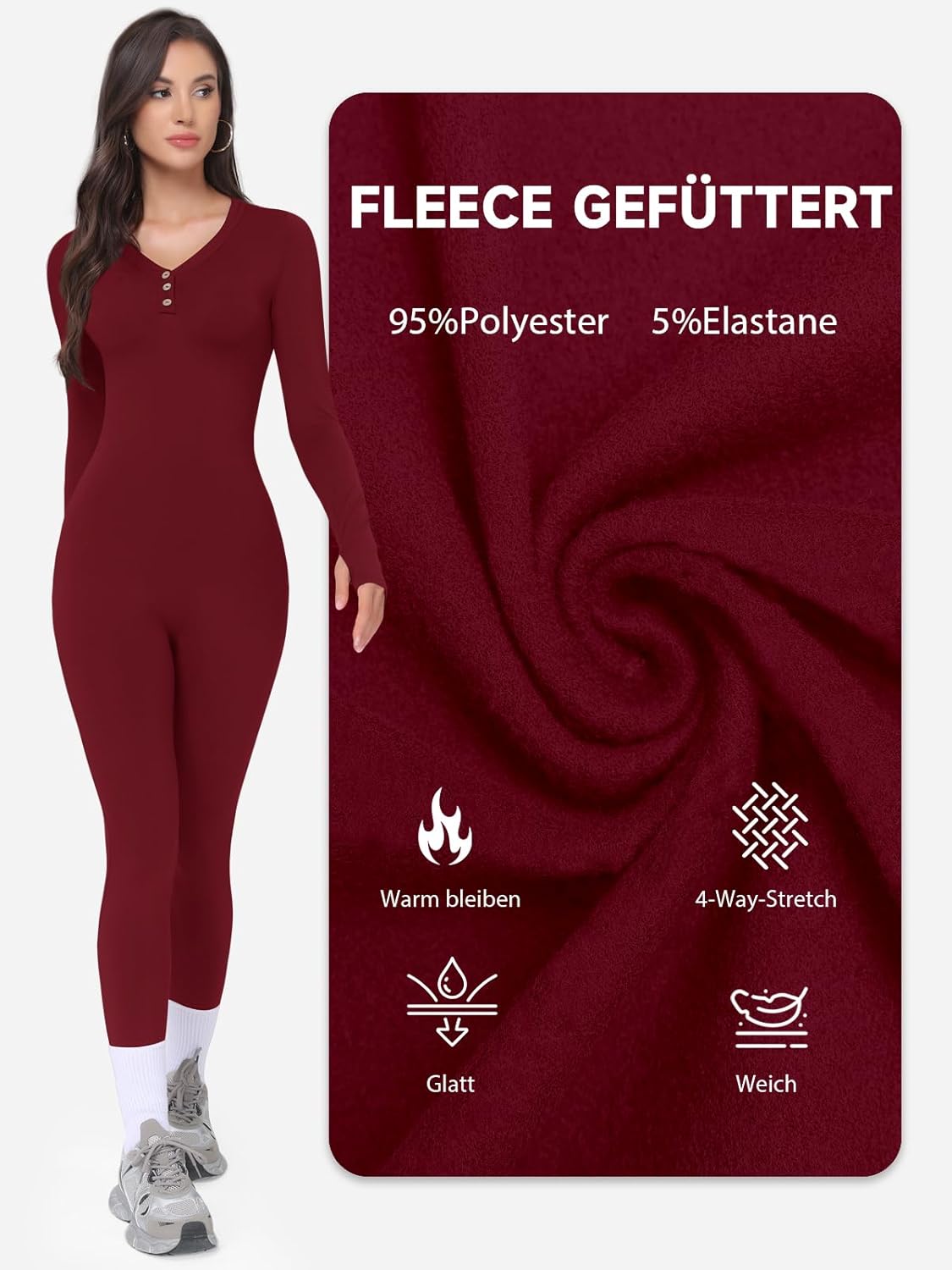 Detalle de VUTRU Damen Sport-Jumpsuit langarm aus Stretch: Nahtloser Einteiler für Yoga & Workout