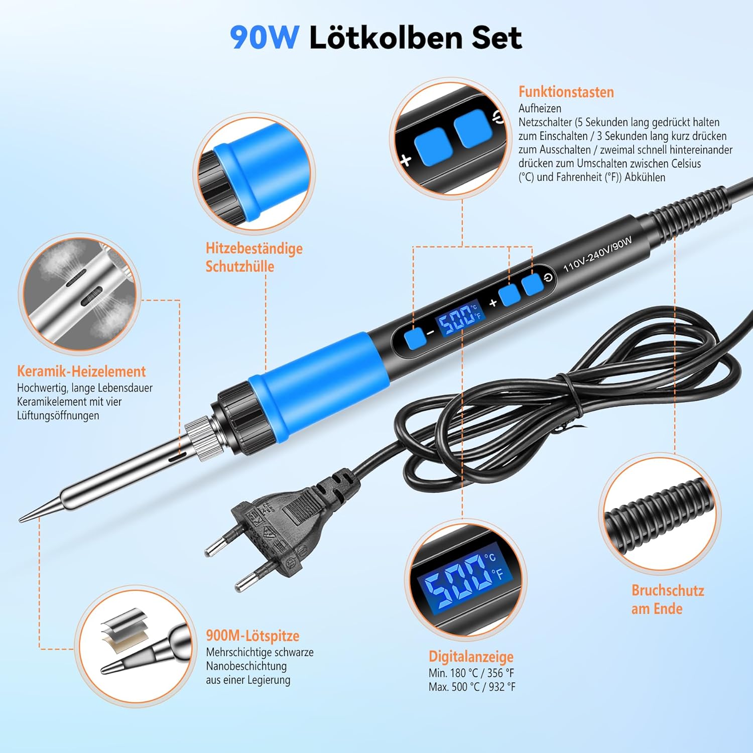 Detalle de BOSYTRO Kit Saldatore 90W: controllo preciso 180–500°C con 3 punte, supporto e custodia