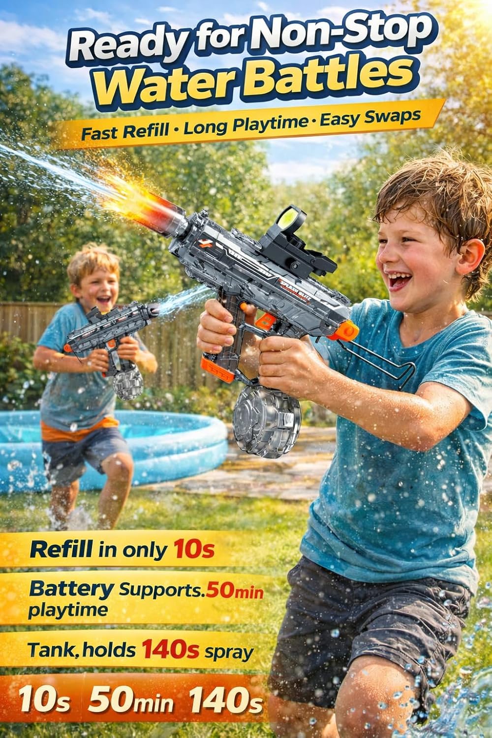 Thumbnail 1 de Kids Electric Water Gun (Automatic, Rechargeable) with LED Muzzle, 8–16 ft Range — Battery-Powered Outdoor Water Blaster for Ages 5–12