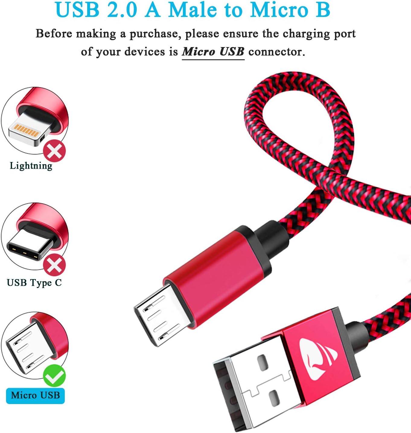 Detalle 2 de Aioneus A-micro 0.5+1+1.5+2 Micro USB Cable 4-Pack, Braided, 2.4A