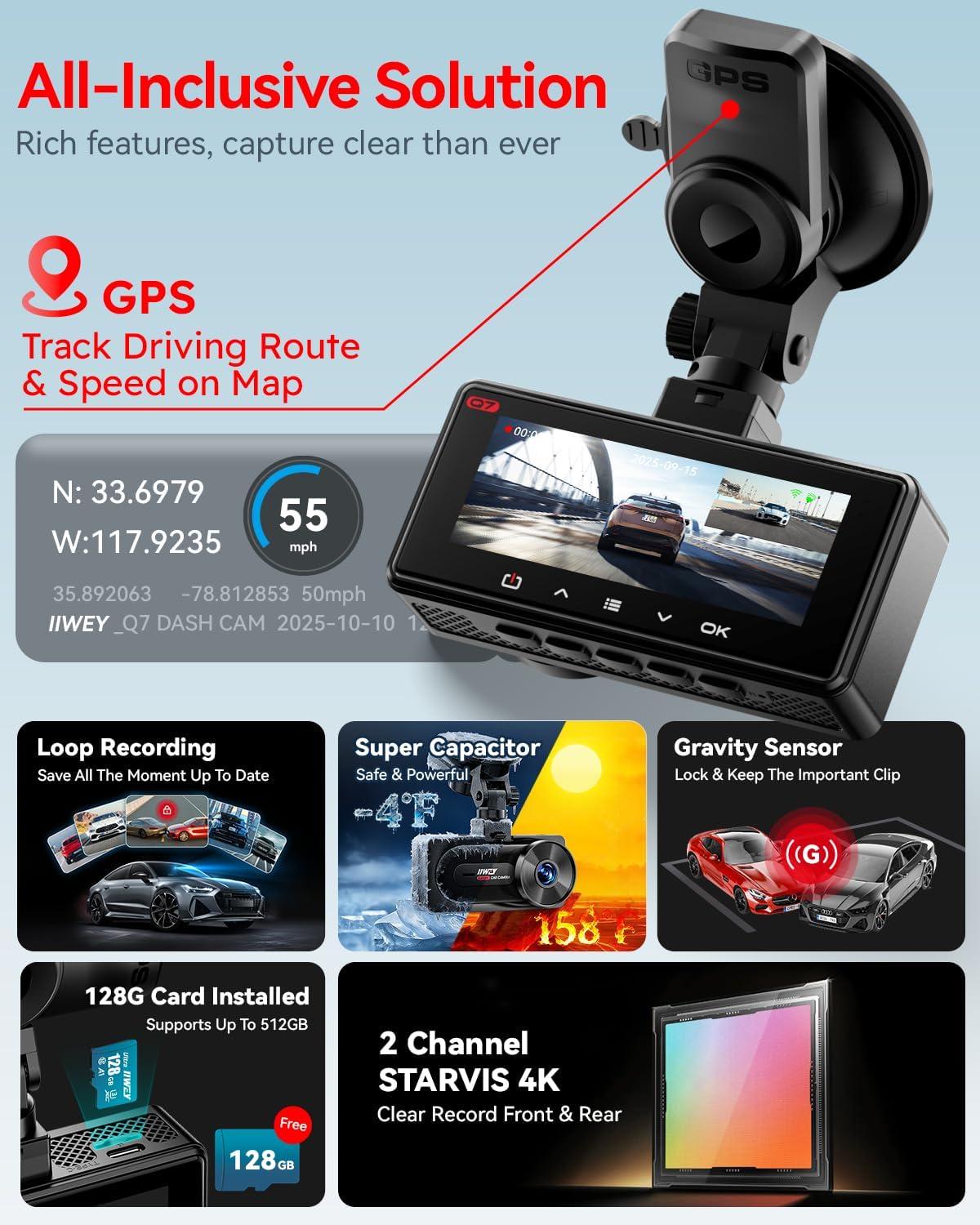 Thumbnail 2 de IIWEY 4K+4K Dash Cam with Dual STARVIS 128GB