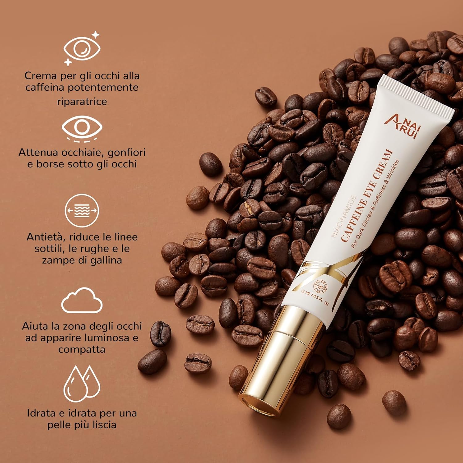 Detalle de ANAiRUi Crema per gli occhi alla caffeina con rullo a punta metallica e niacinamide