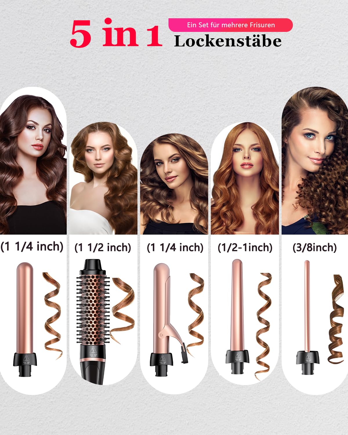 Thumbnail 1 de YGOVVK Thermischer Bürste Set 5 in 1 – Lockenbürste mit 4 austauschbaren Keramik-Lockenstäben (0.35–1.25"), Temperatureinstellung