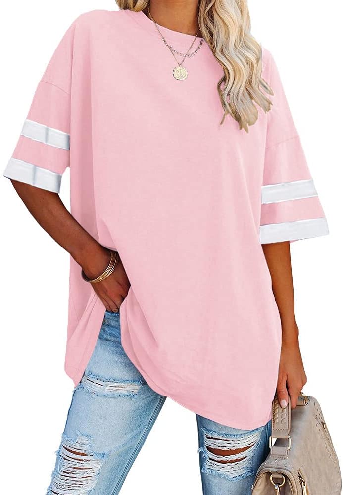 Detalle 2 de Ebifin Damen Oversize T-Shirt (Rundhals, kurzarm) – lockeres Casual-Basic mit Vintage-Optik