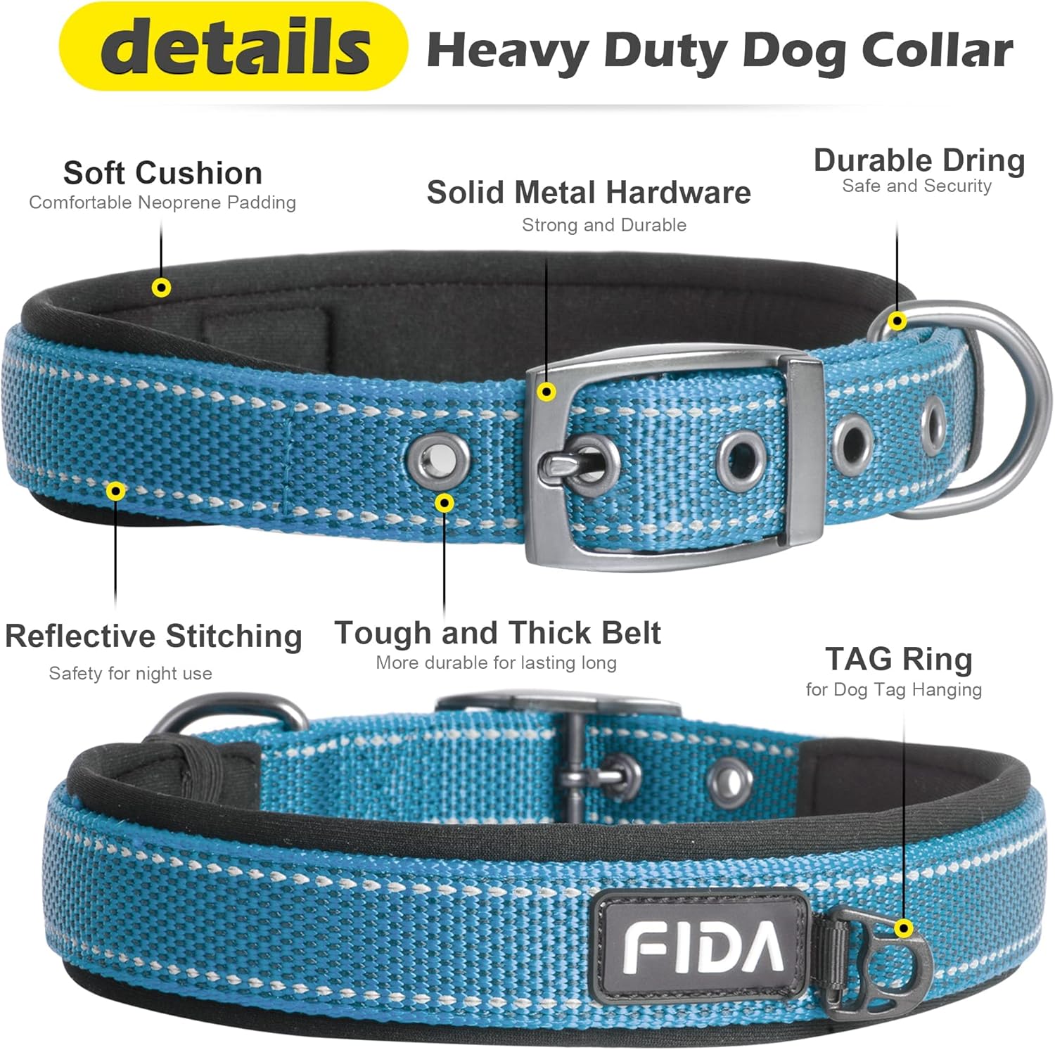 Thumbnail 2 de Fida padded dog collar with double-layer webbing and heavy-duty metal buckle (Blue) — medium