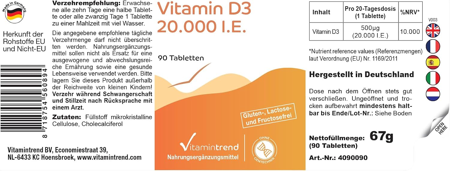 Detalle de Vitamintrend Vitamin D3 20000 I.E. Hochdosiert – 90 Tabletten, schluckfreundlich, Ohne Zusatzstoffe, in Deutschland hergestellt