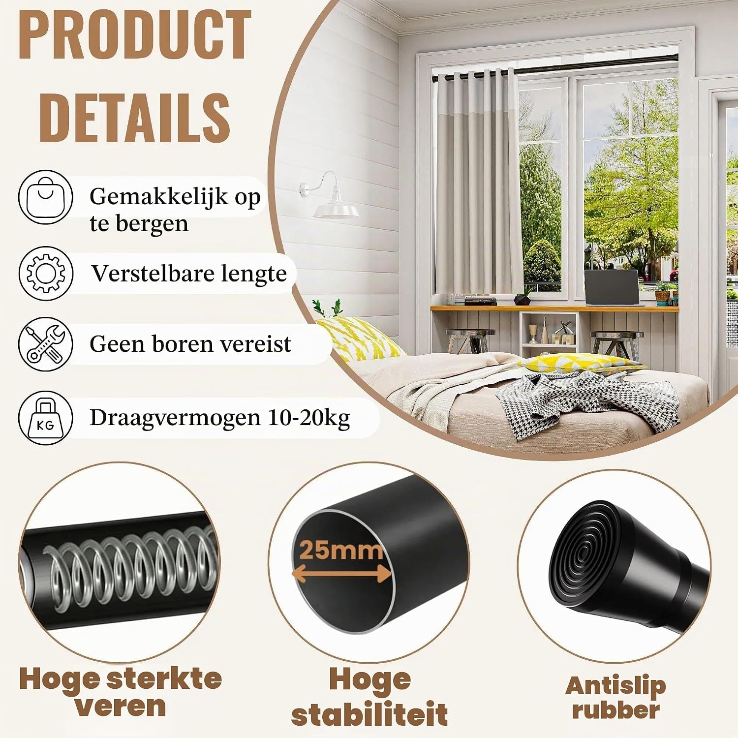 Detalle de Rod&Trikin NO4-8089-10 telescopische douchegordijnstang, zwart, 85–160 cm