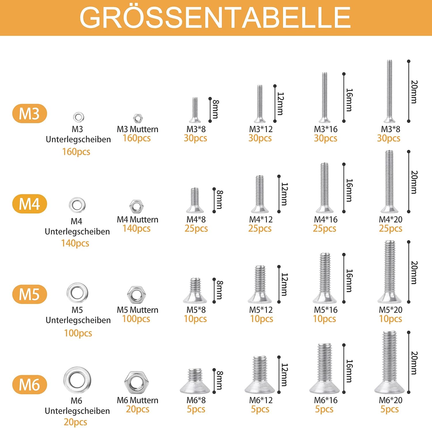 Thumbnail 1 de VIGRUE 1120PCS M3–M6 Senkkopfschrauben, Innensechskant, A2-70 Edelstahl, Inklusive Muttern, Unterlegscheiben & Aufbewahrungsbox