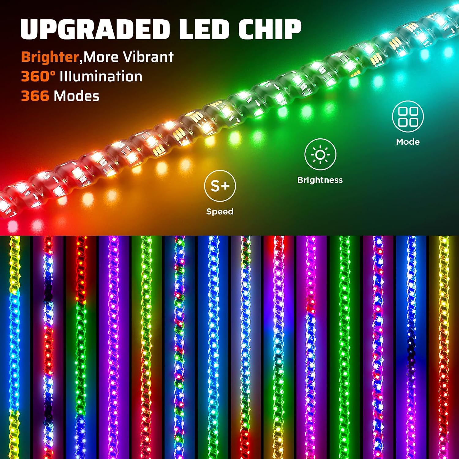 Detalle de Ehaho B-WPL-3FT2 3-Foot RGB LED Whip Lights, 2-Pack with App and Remote