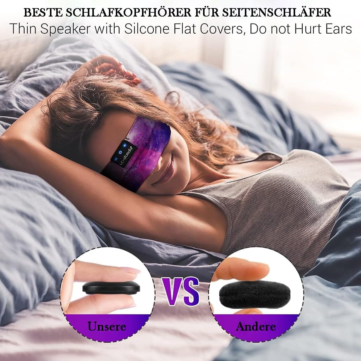 Detalle de LC-dolida Schlafkopfhörer Bluetooth 5.4 Headband mit Schlafmaske – All-in-One für Schlaf, Sport und Reisen