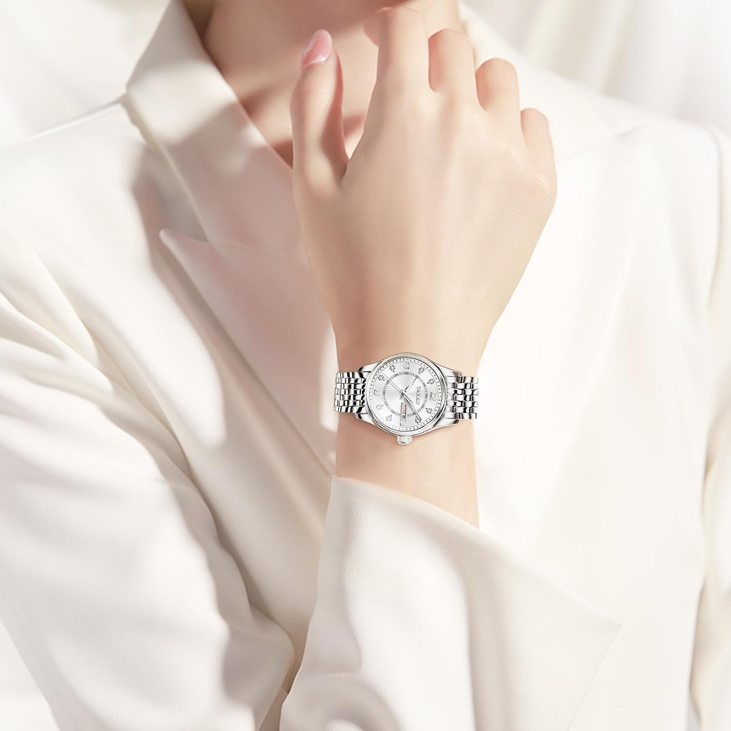 Thumbnail 6 de Taxau Damenuhr Armbanduhren Silber – klassische Quarz-Uhr mit Edelstahlband, Kalender und 3ATM Spritzwasserschutz