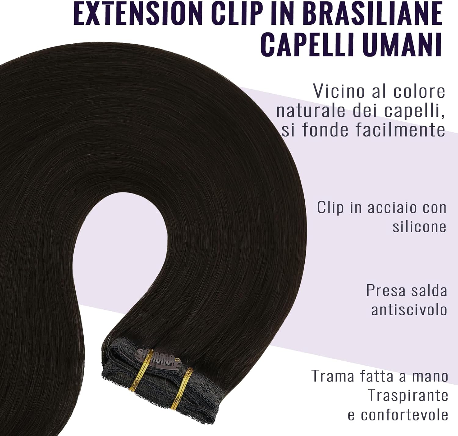 Detalle de Fshine Extension Capelli Veri Clip 35 cm – Remy Naturali, 7 pezzi, Marrone Scuro 2