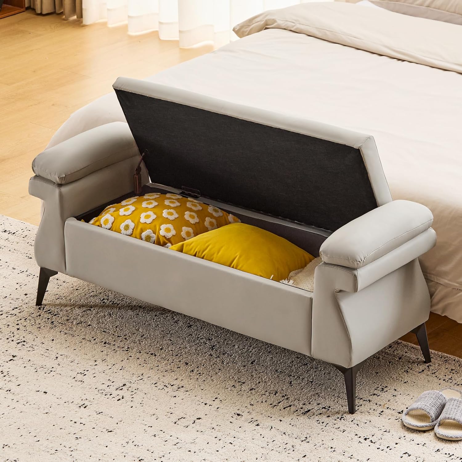 Detalle de Ckaff Panca Contenitore per Camera da Letto 128x44x53 cm – Panca fondo letto in pelle PU, grigio chiaro