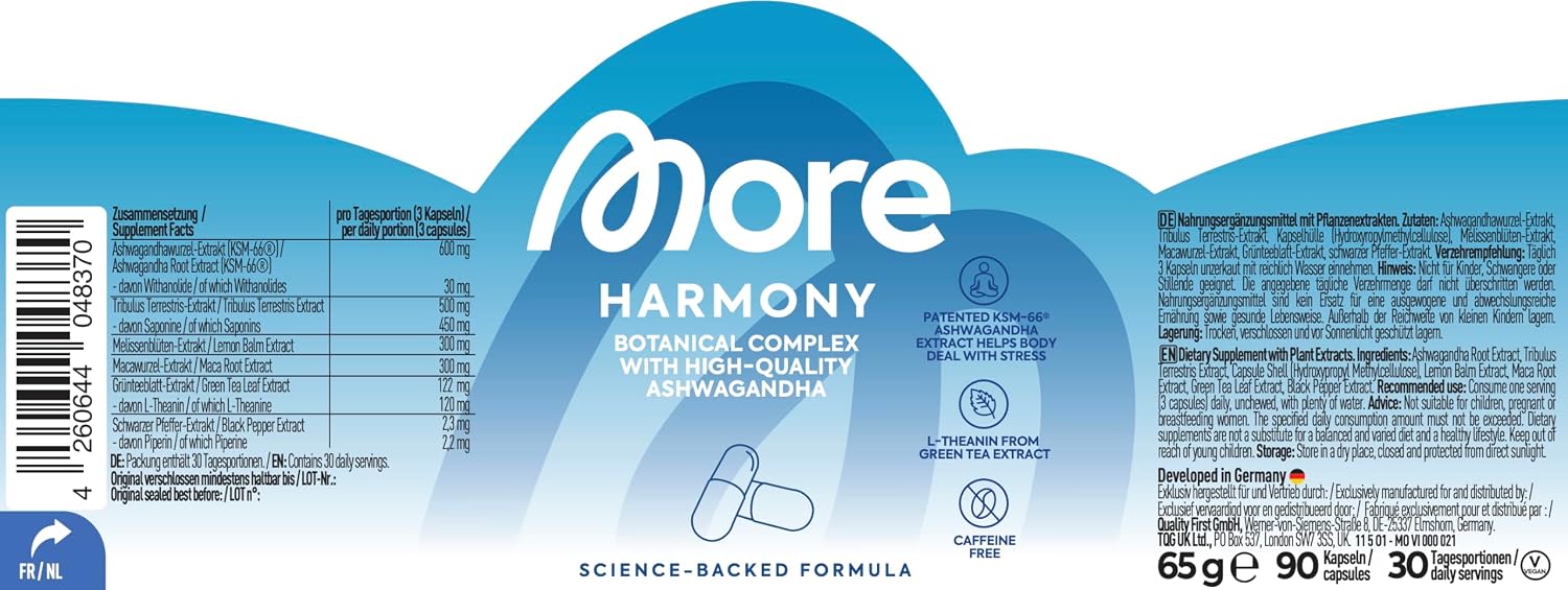 Detalle 2 de MORE Harmony Harmony 90 Kapseln mit Ashwagandha KSM-66, Melissenblüten und Maca – vegan