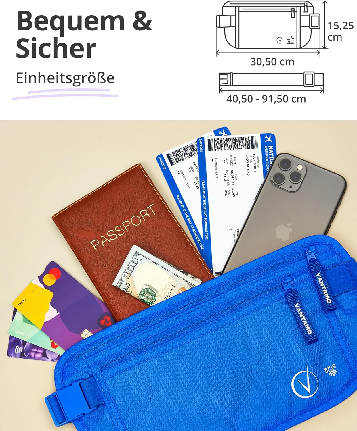 Detalle 2 de Vantamo Bauchtasche Damen ultraflach mit RFID-Schutz – Reise-Geldgürtel mit 2 Fächern und verstellbarem Gurt
