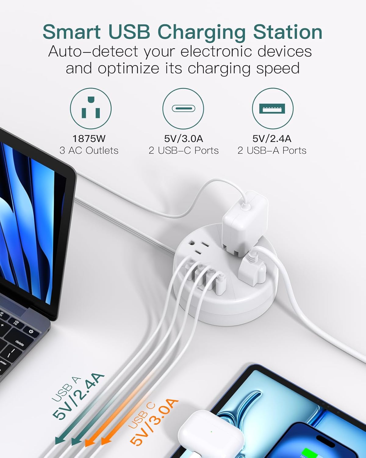 Thumbnail 2 de Addtam Travel Essentials Cruise Approved 7-in-1 Power Strip with Retractable Cord