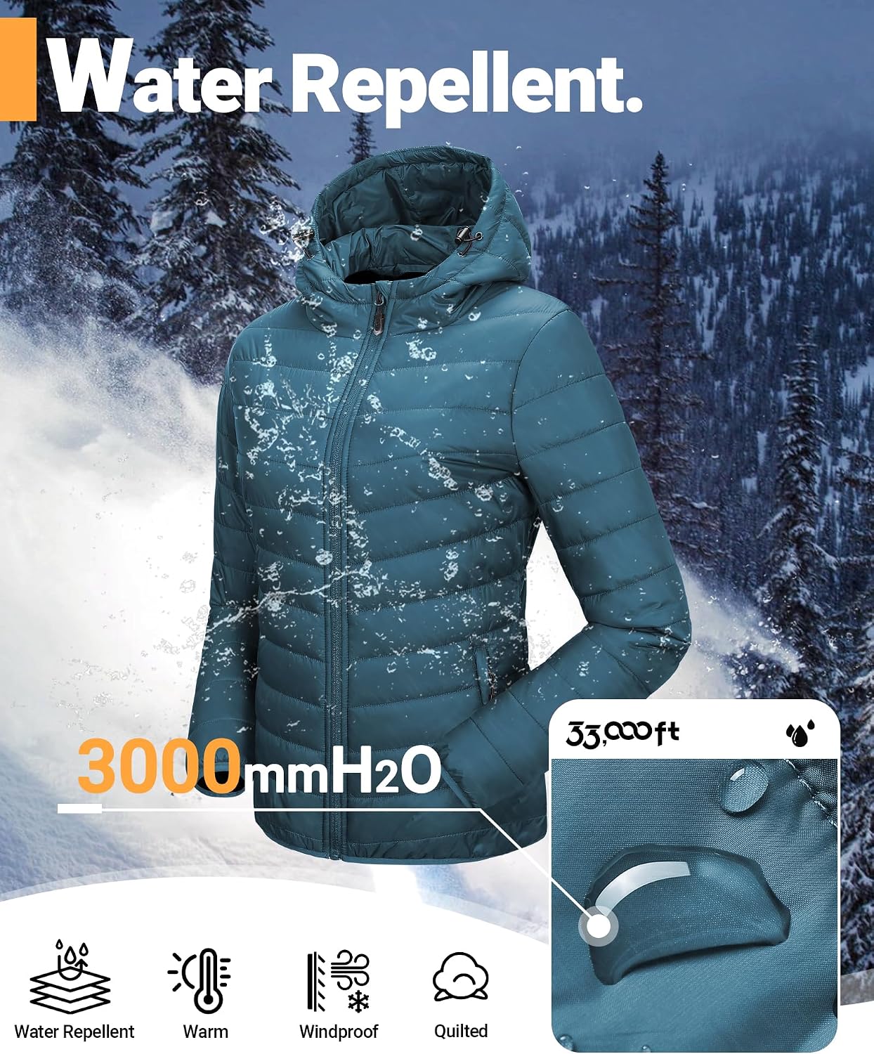 Thumbnail 2 de 33,000ft Women’s Lightweight Puffer Jacket with Hood – Water Repellent, Packable Quilted Coat