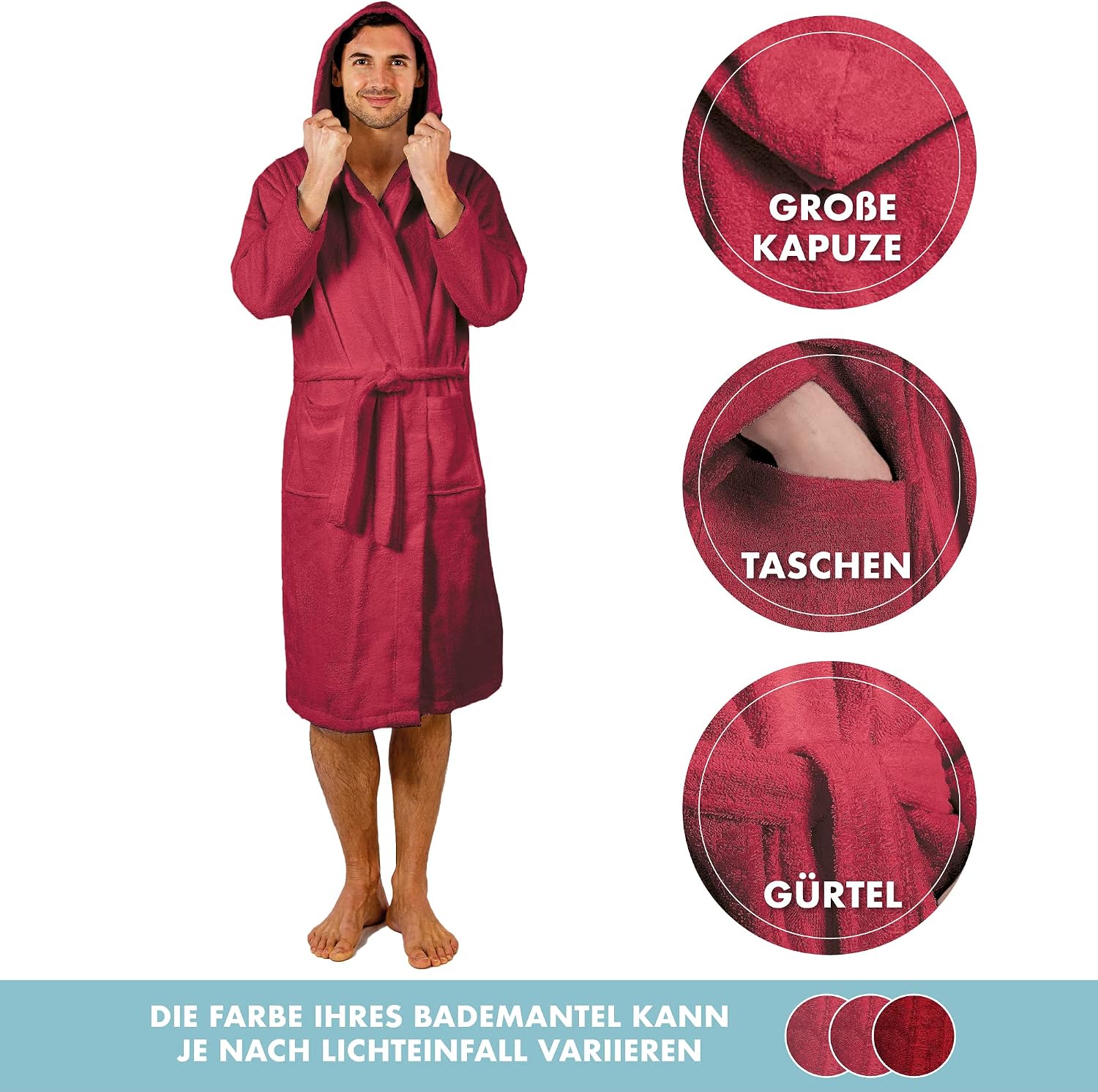 Thumbnail 2 de Twinzen Herren-Bademantel aus 100% Baumwolle, 350 g/m² – Kapuze, 2 Taschen, Gürtel | OEKO-TEX zertifiziert