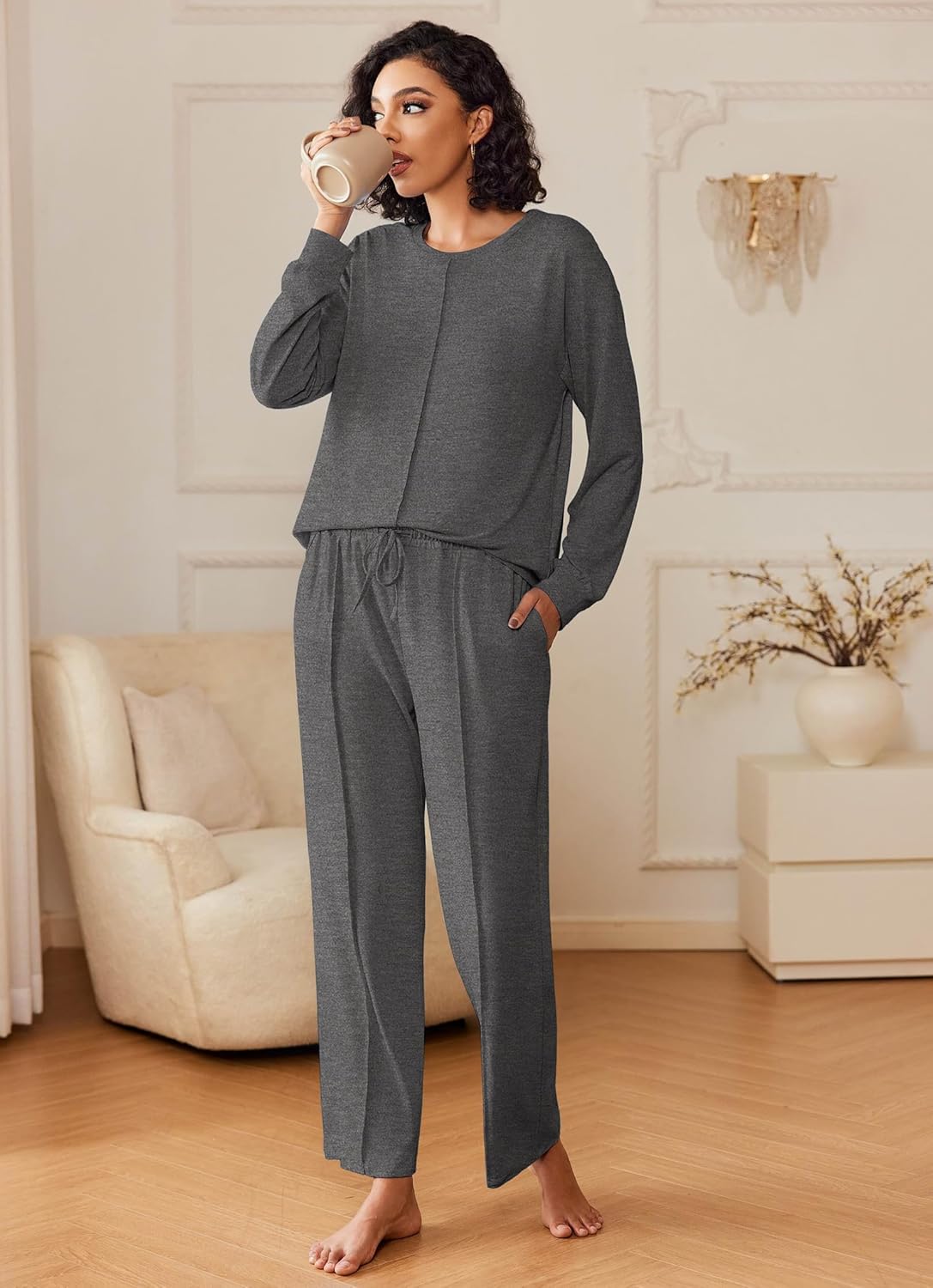 Detalle de Ensemble Pyjama Femme Ekoauer à Manches Longues et Pantalon avec Poches — Confort et Style