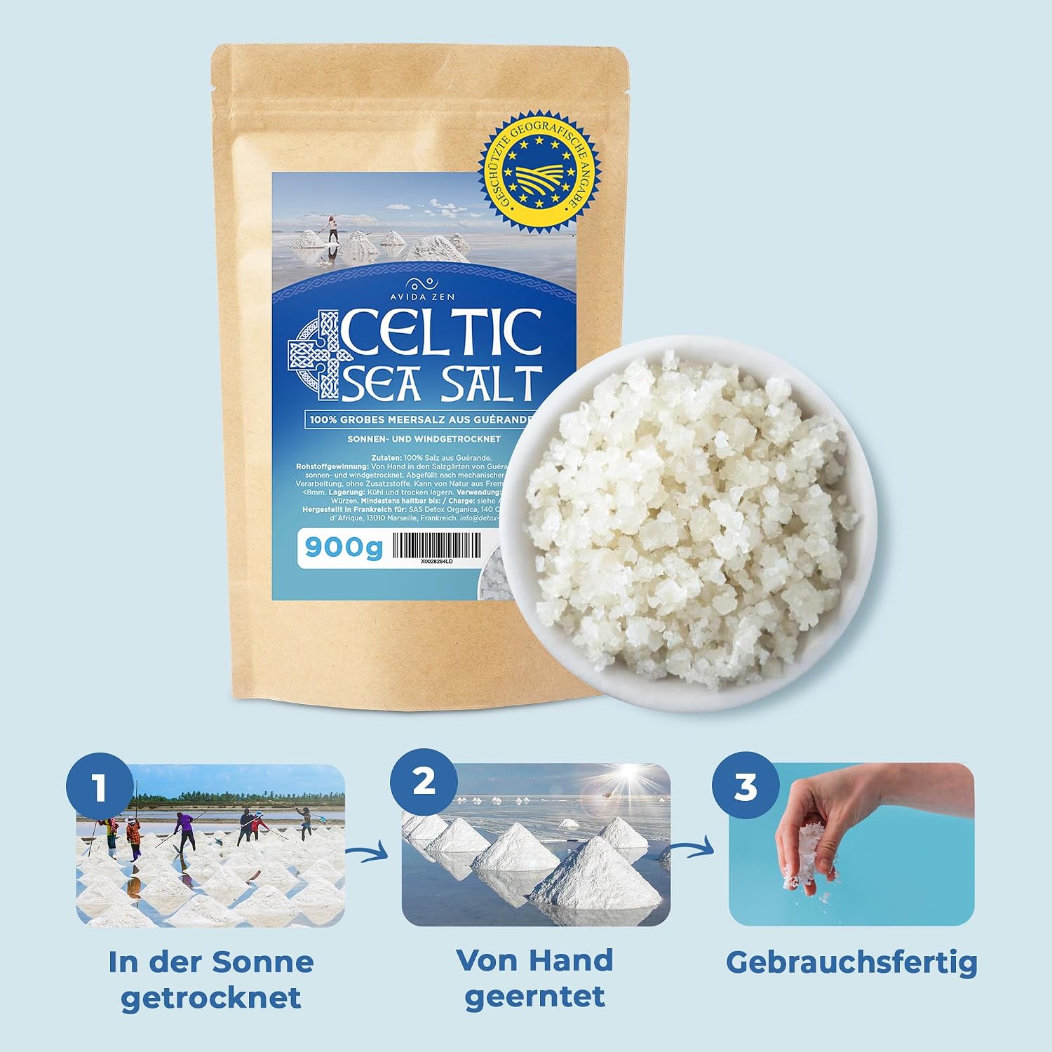 Detalle 2 de AVIDA ZEN Celtic Sea Salt 900 g – keltisches Meersalz aus Guérande, handgeerntet, grau, naturbelassen