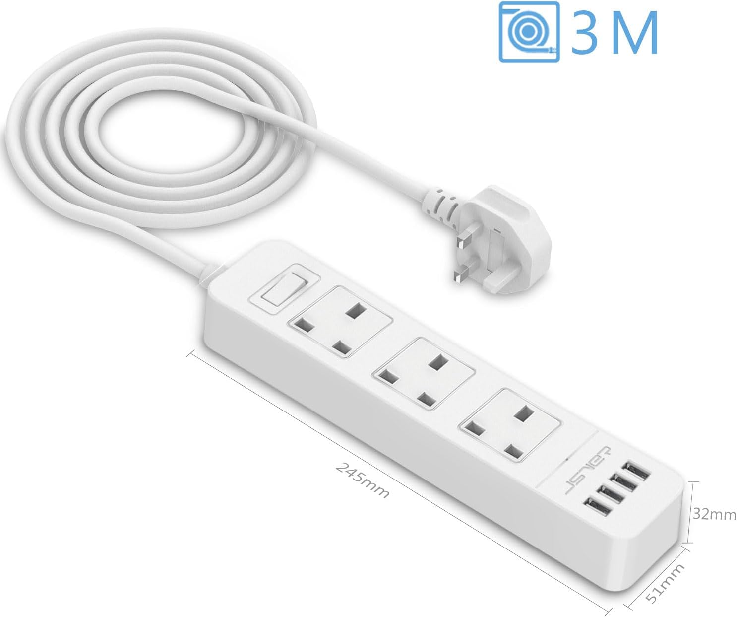 Thumbnail 2 de JSVER Extension Lead USB Power Strip (3 AC sockets, 4 USB ports) with 3m lead – 13A, White