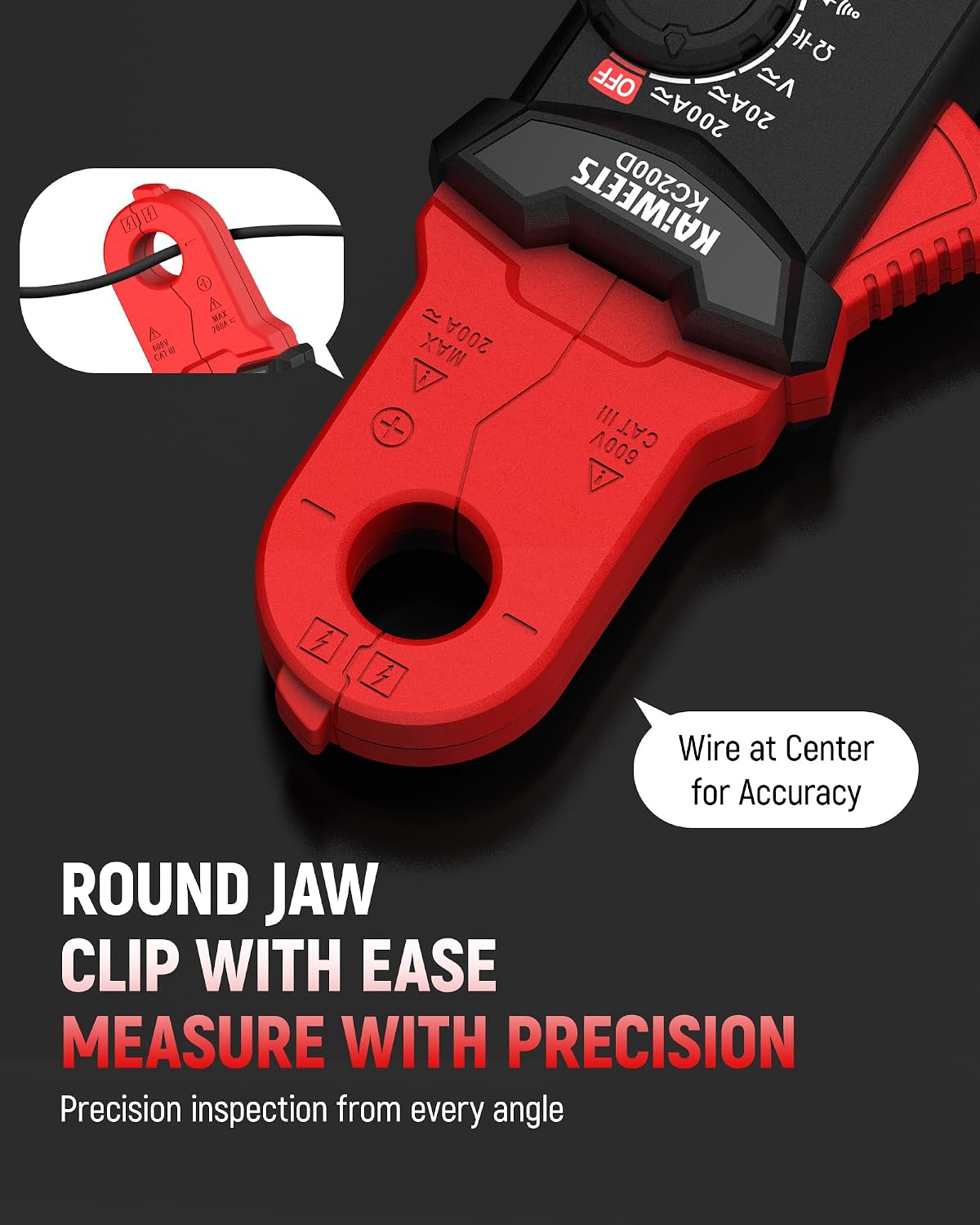 Detalle 2 de KAIWEETS Digital Clamp Meter with Round Jaw TRMS: Accurate AC/DC Testing in a Compact One-Handed Design