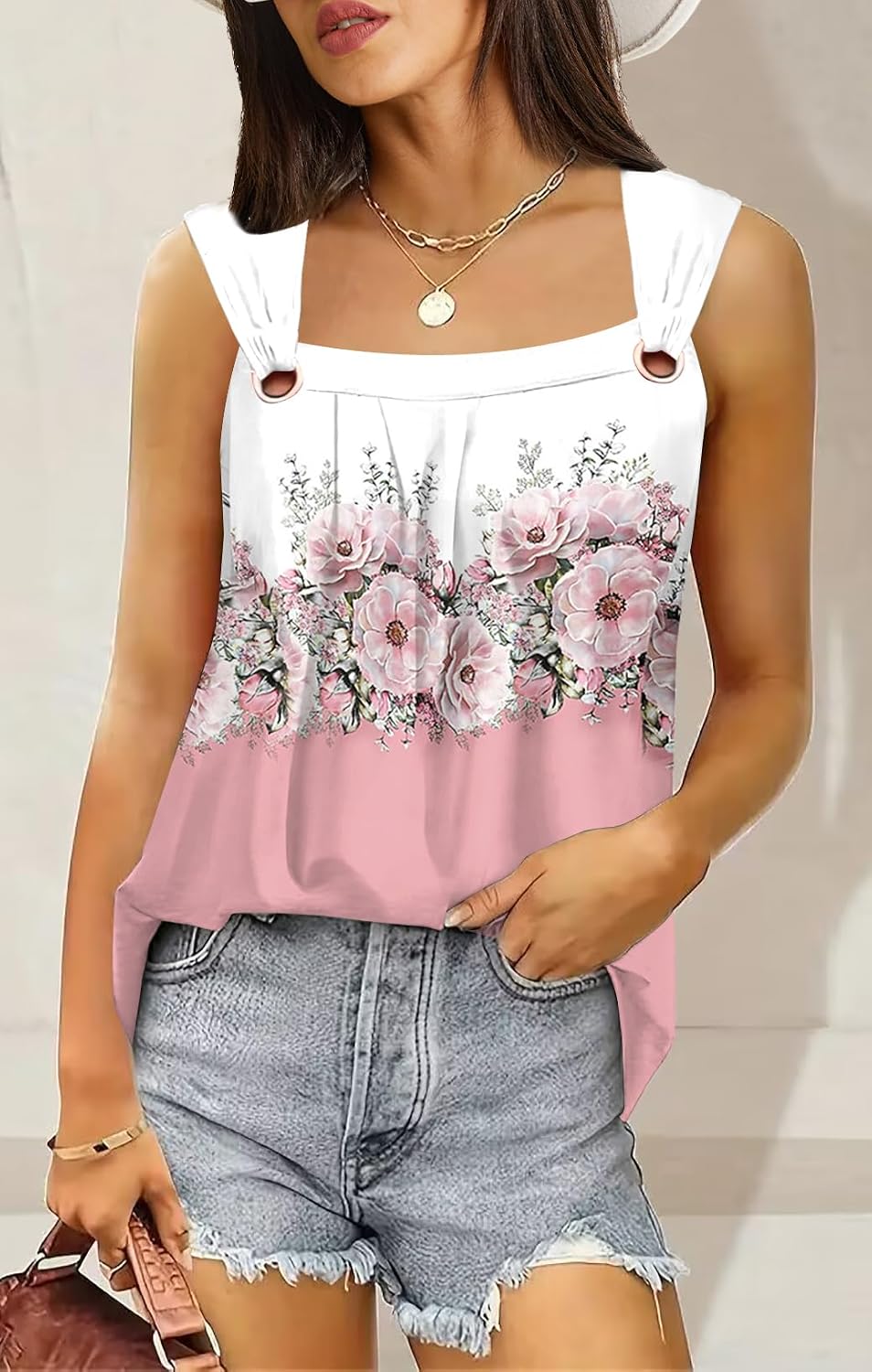 Thumbnail 2 de SAUKOLE Summer Pleated Square Neck Tank Tops with O-Ring Shoulder Detail