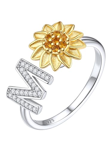 Detalle de Anillo inicial M en plata de ley 925 con flor girasol giratorio y circonita – ChicSilver