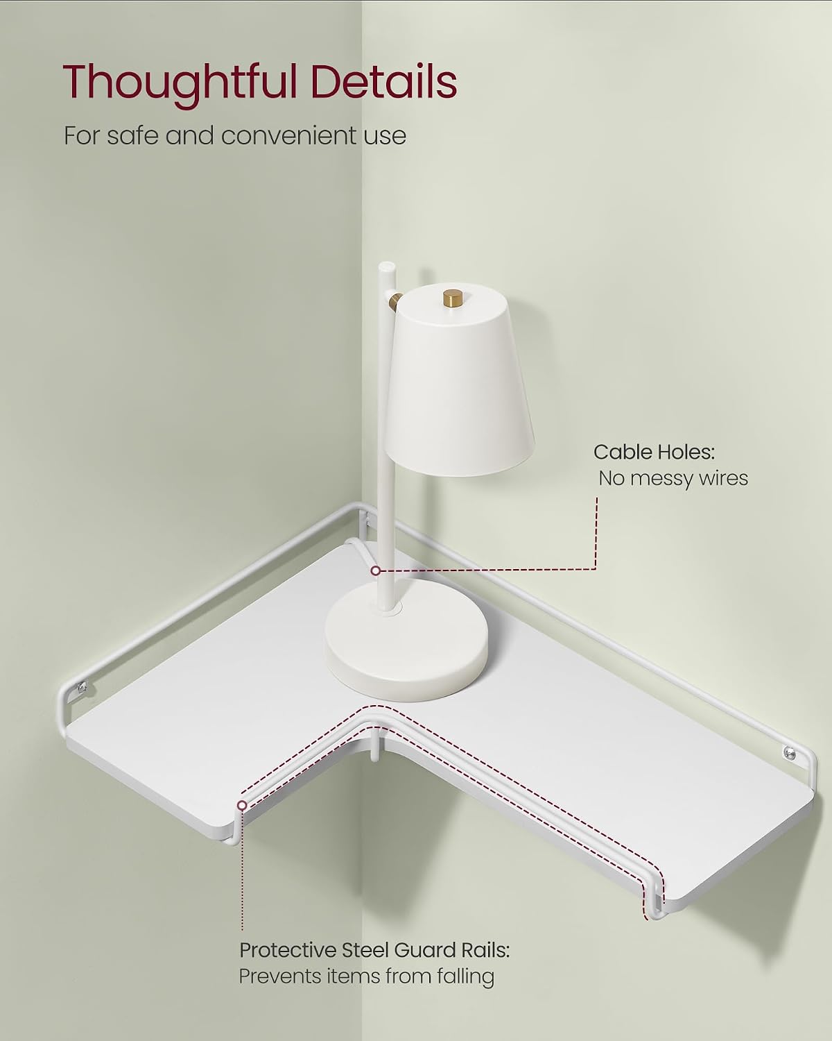 Detalle 1 de VASAGLE LLS831W14 Corner Shelves, Set of 2, L-Shaped White Floating Shelves