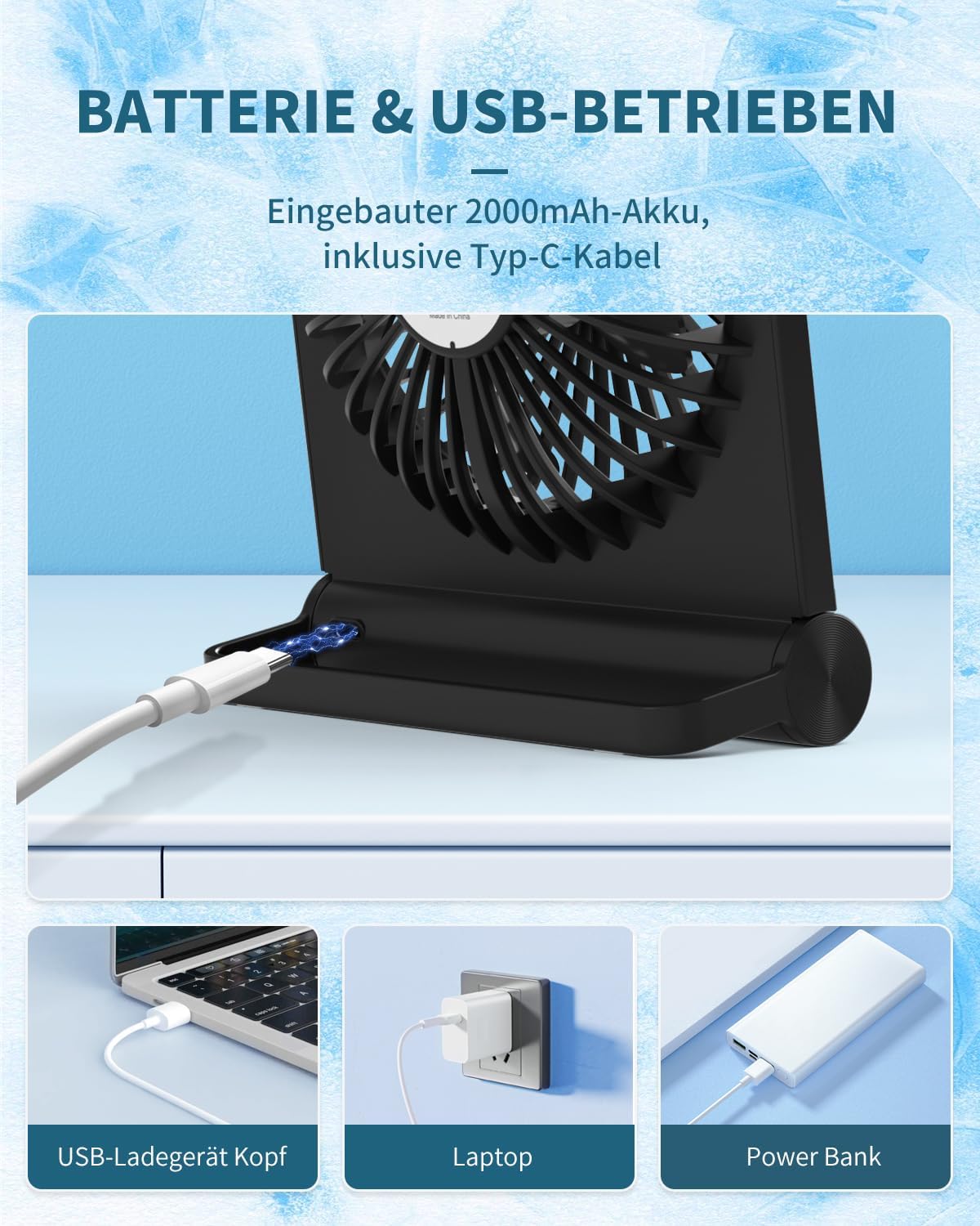 Detalle 2 de BIVBTP Kleiner Tischventilator – 2000 mAh Akku, 3 Stufen, 220° Verstellbarkeit, leise & tragbar