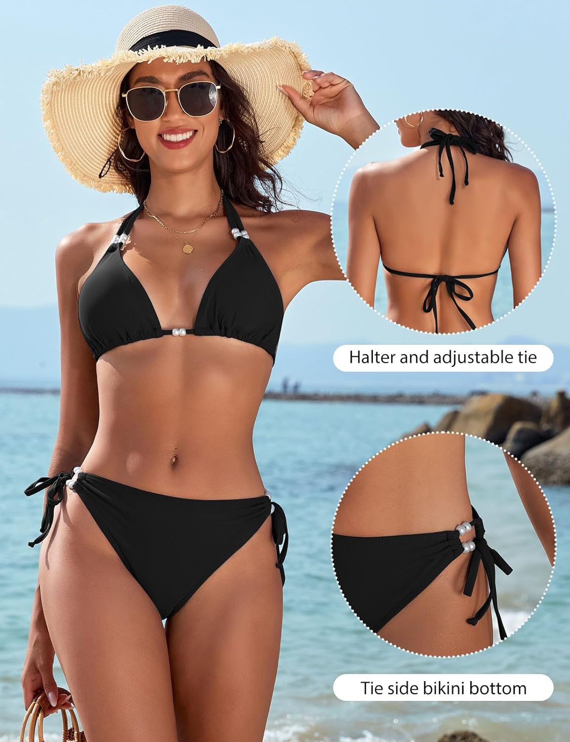 Thumbnail 3 de CMTOP women’s halterneck triangle bikini set with adjustable tie side bottoms (UK two-piece)