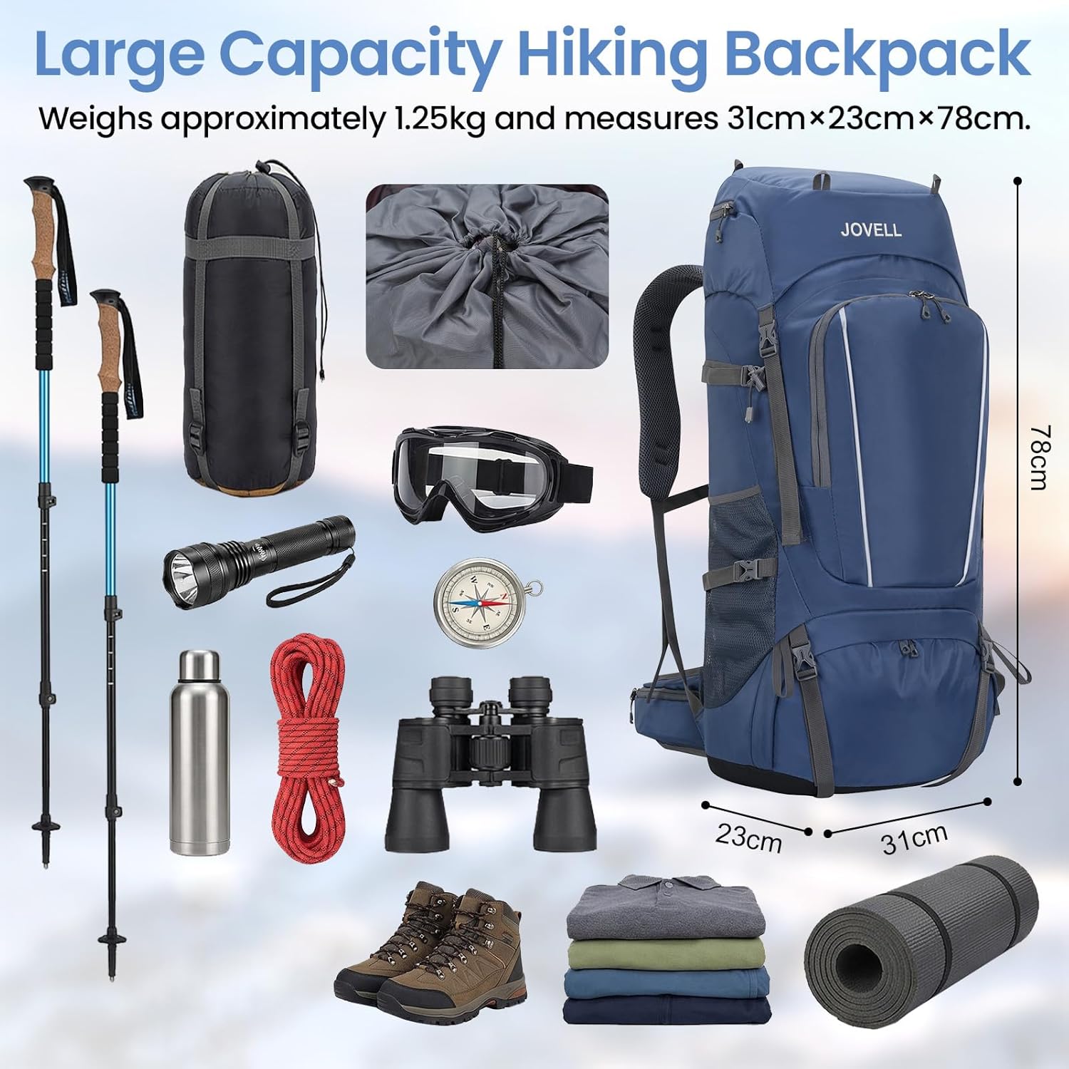Detalle 2 de JOVELL 70L Zaino da Escursionismo con Copripioggia – 70 litri di capacità, comfort e versatilità per trekking e campeggio