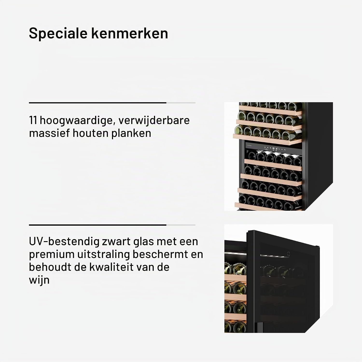 Detalle de Klarstein JCF-320S Velaire wijnkoelkast met twee zones voor 122 flessen